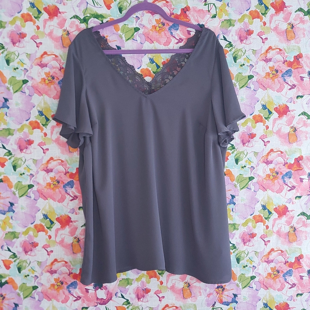 Torrid Georgette Lace Trim Flutter Sleeve V-Neck Blouse Charcoal Gray 2XXL / 2X